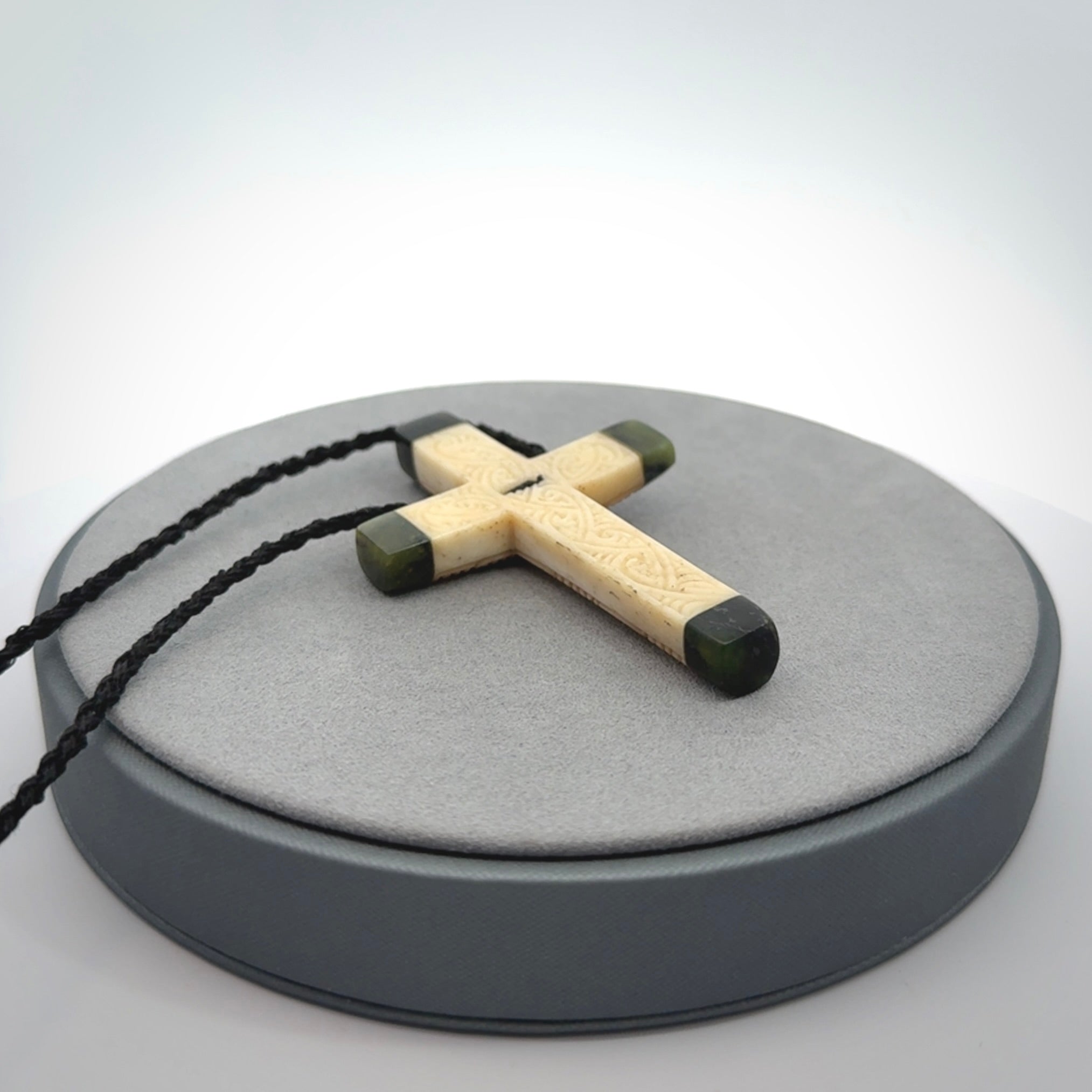 Hand made bone with jade cross pendant