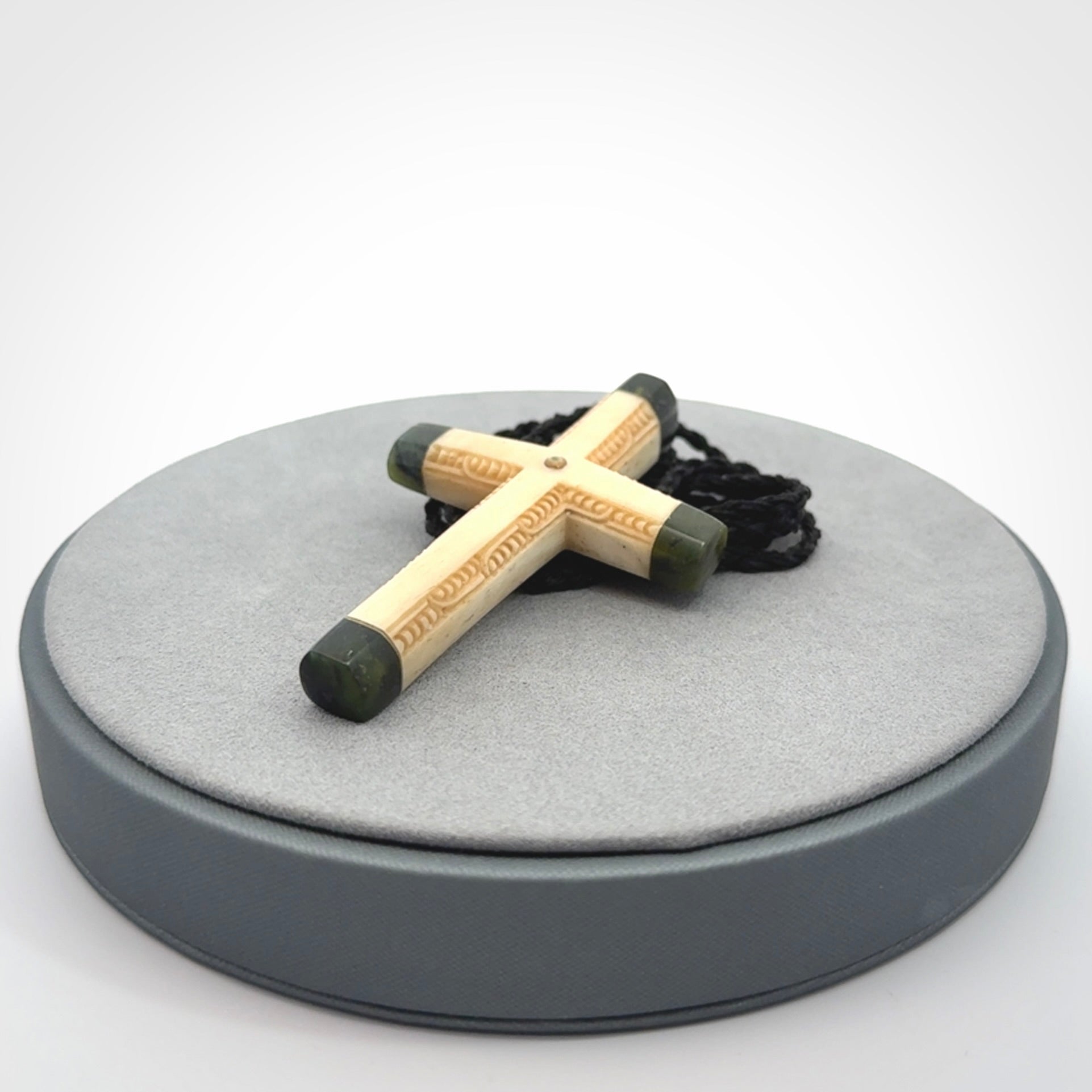 Hand made bone with jade cross pendant