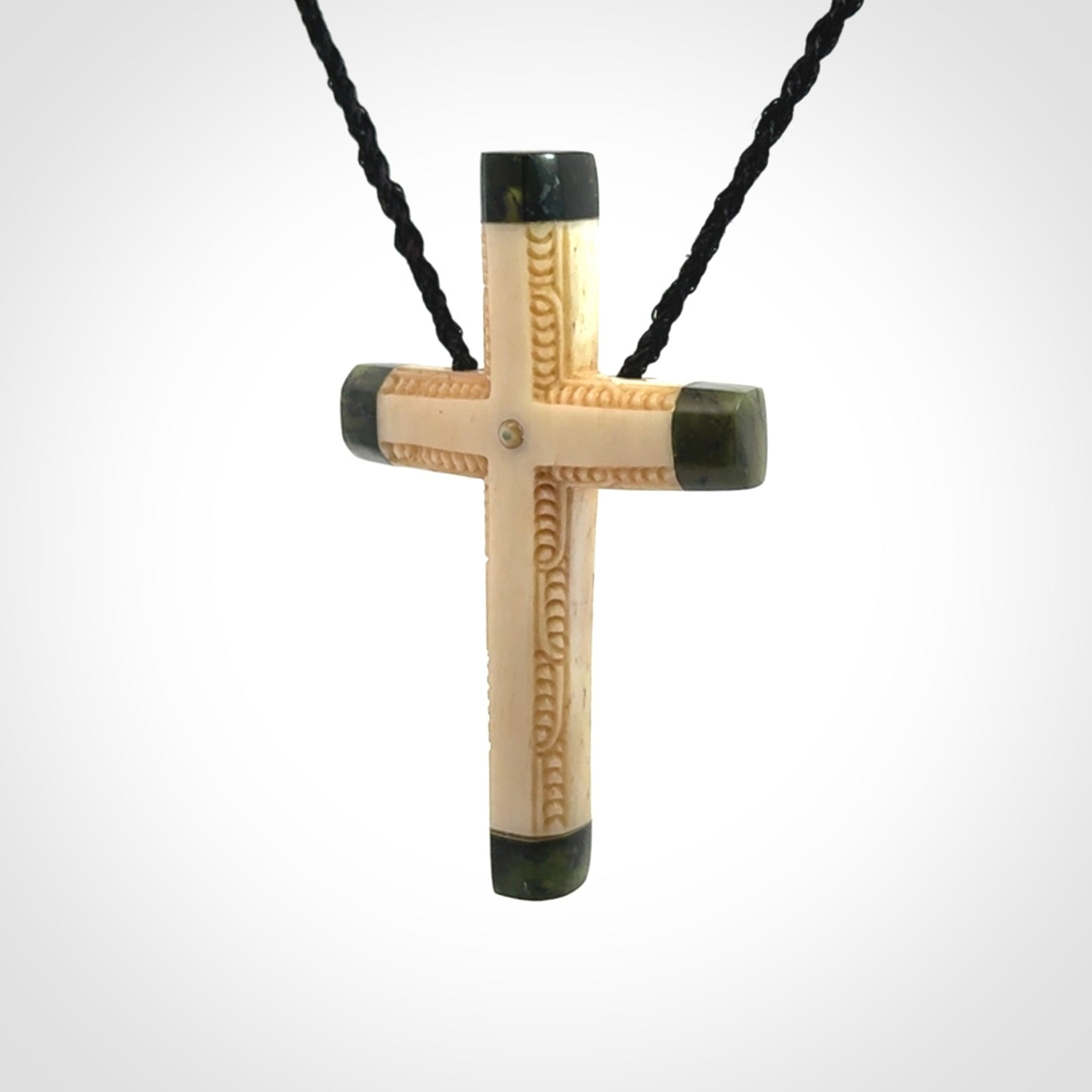 Hand made bone with jade cross pendant