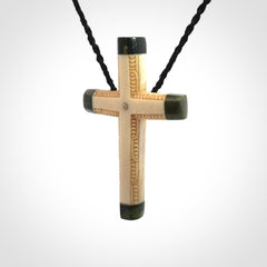 Hand made bone with jade cross pendant