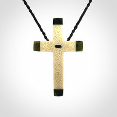 Hand made bone with jade cross pendant