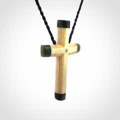 Hand made bone with jade cross pendant