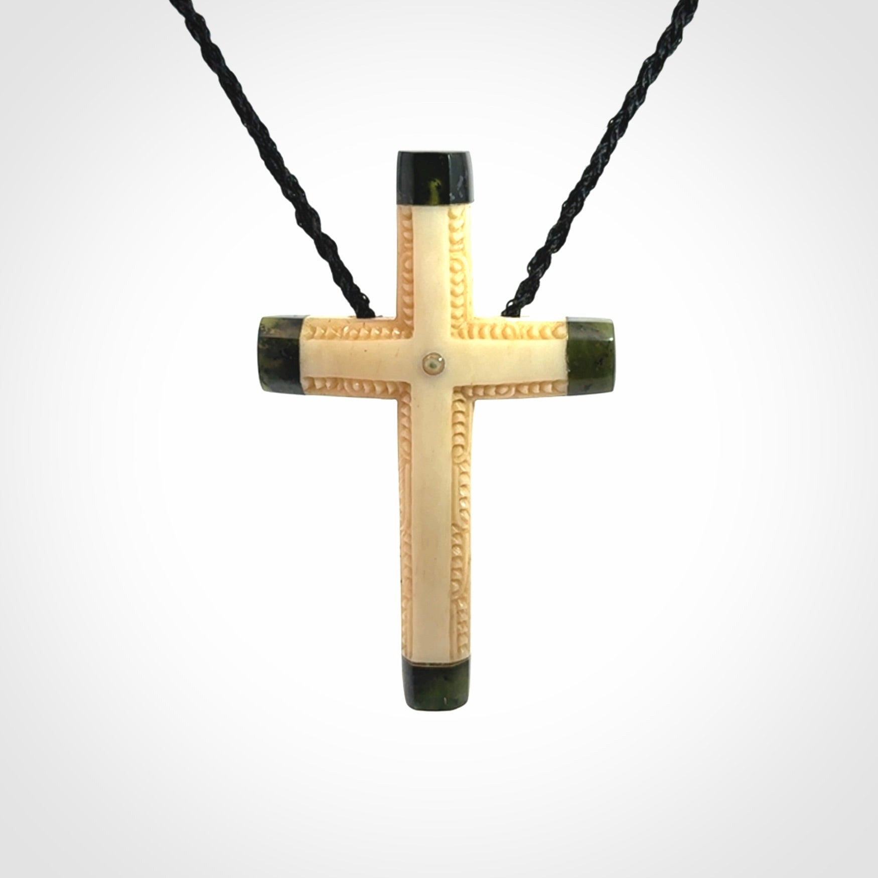 Hand made bone with jade cross pendant