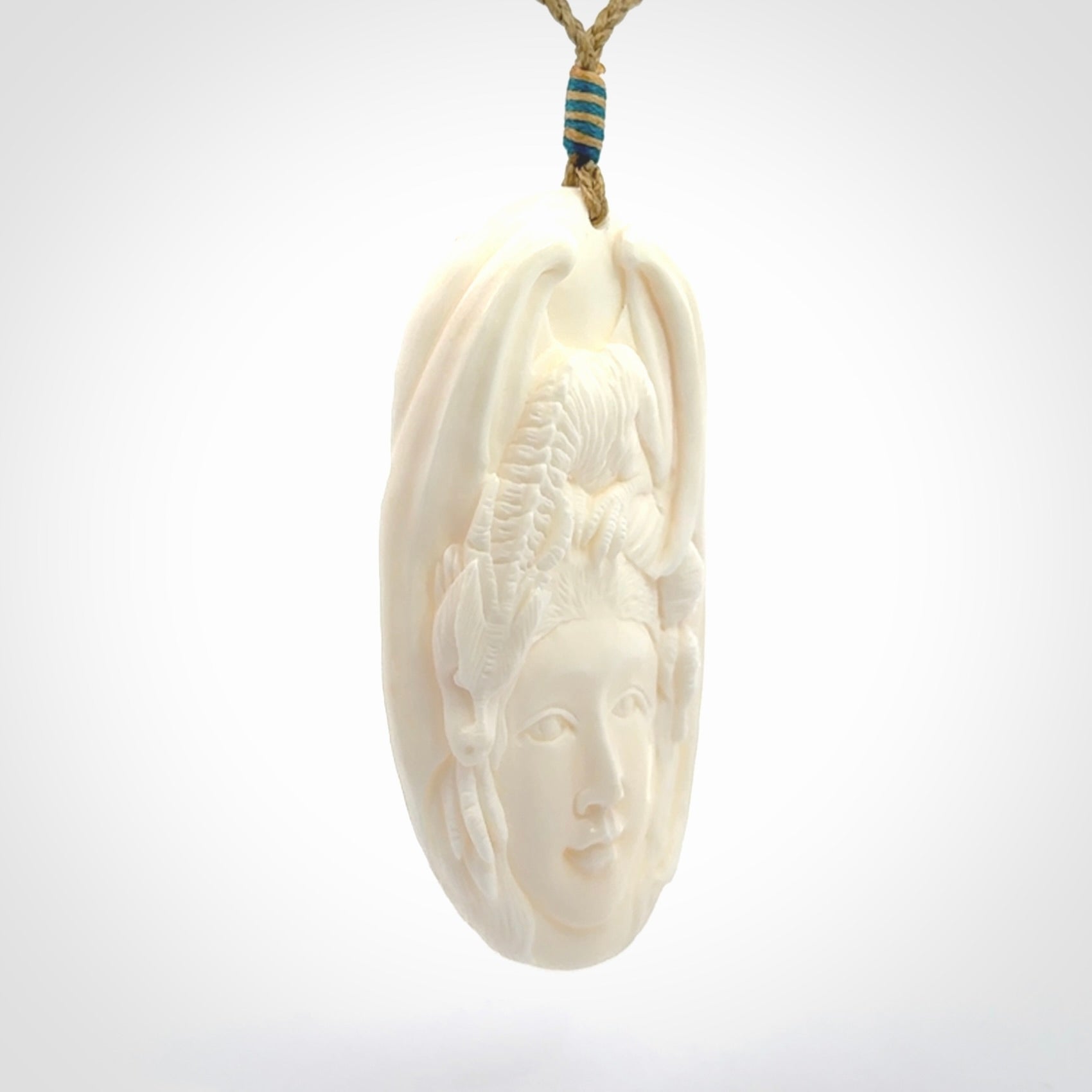 Hand Carved in Bone Dragon Woman Pendant