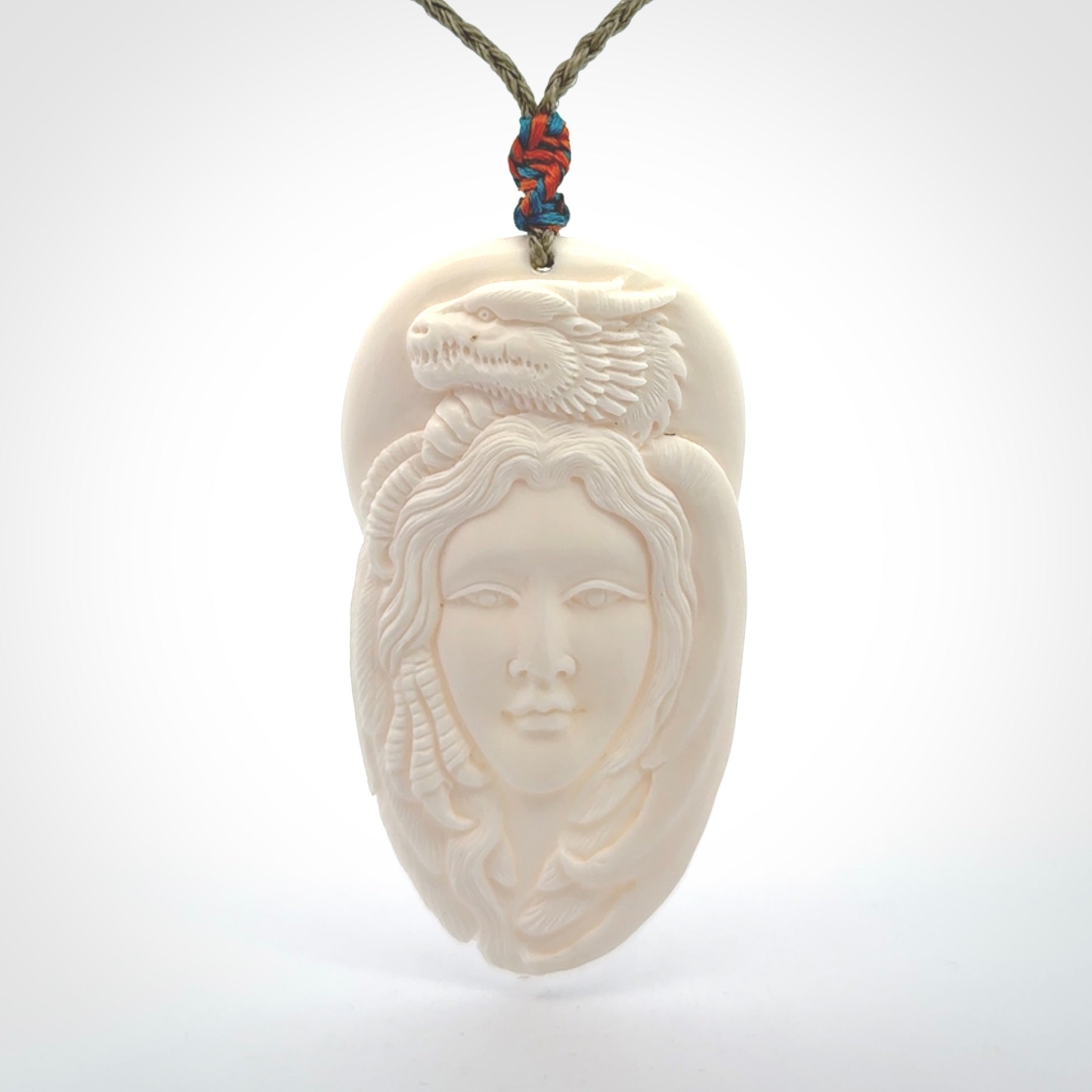 Hand carved bone dragon woman pendant