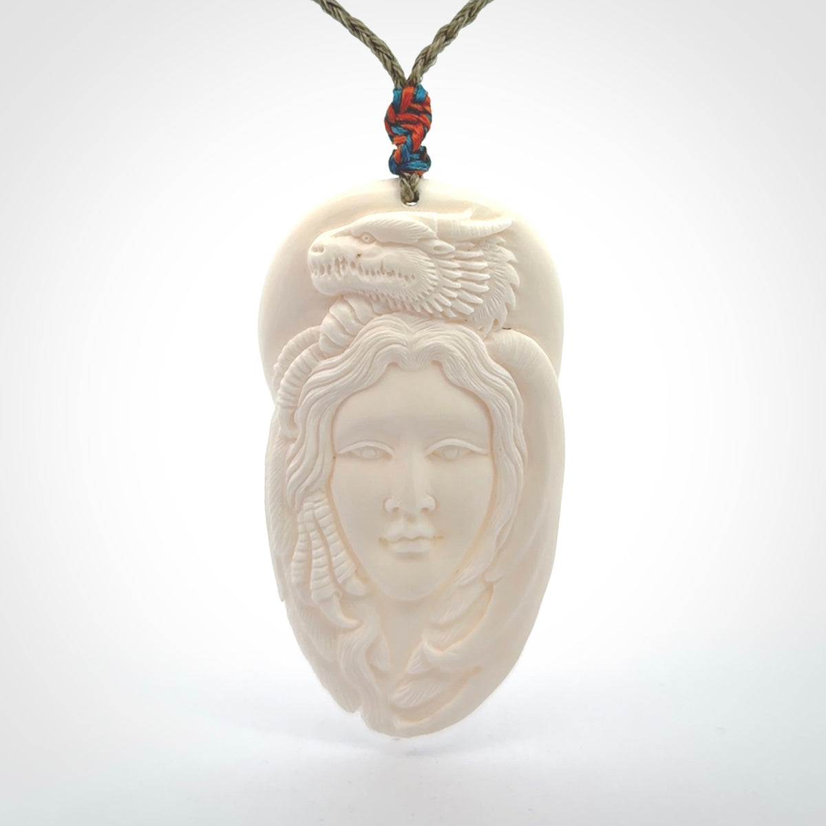 Hand carved bone dragon woman pendant