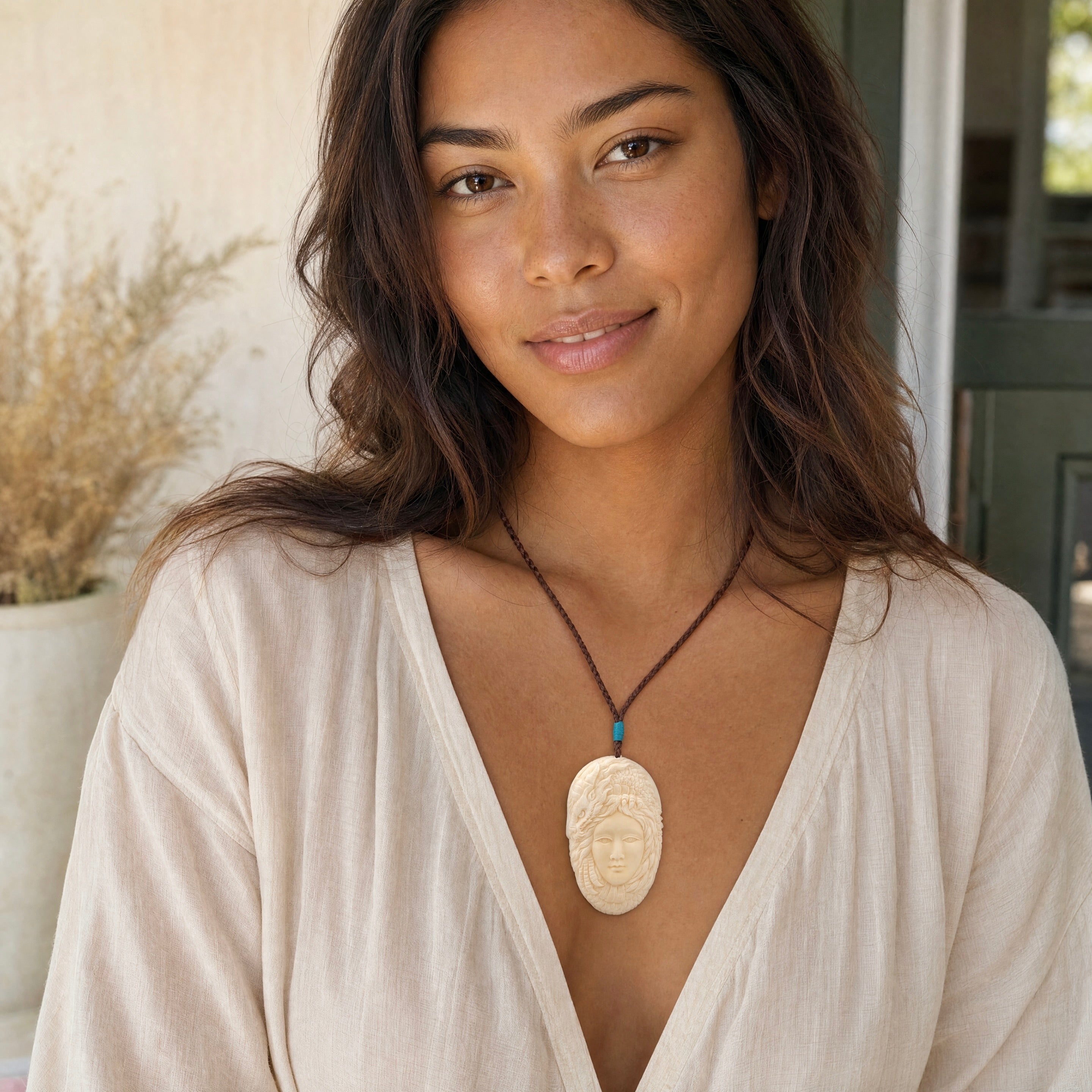 Woman wearing dragon pendant