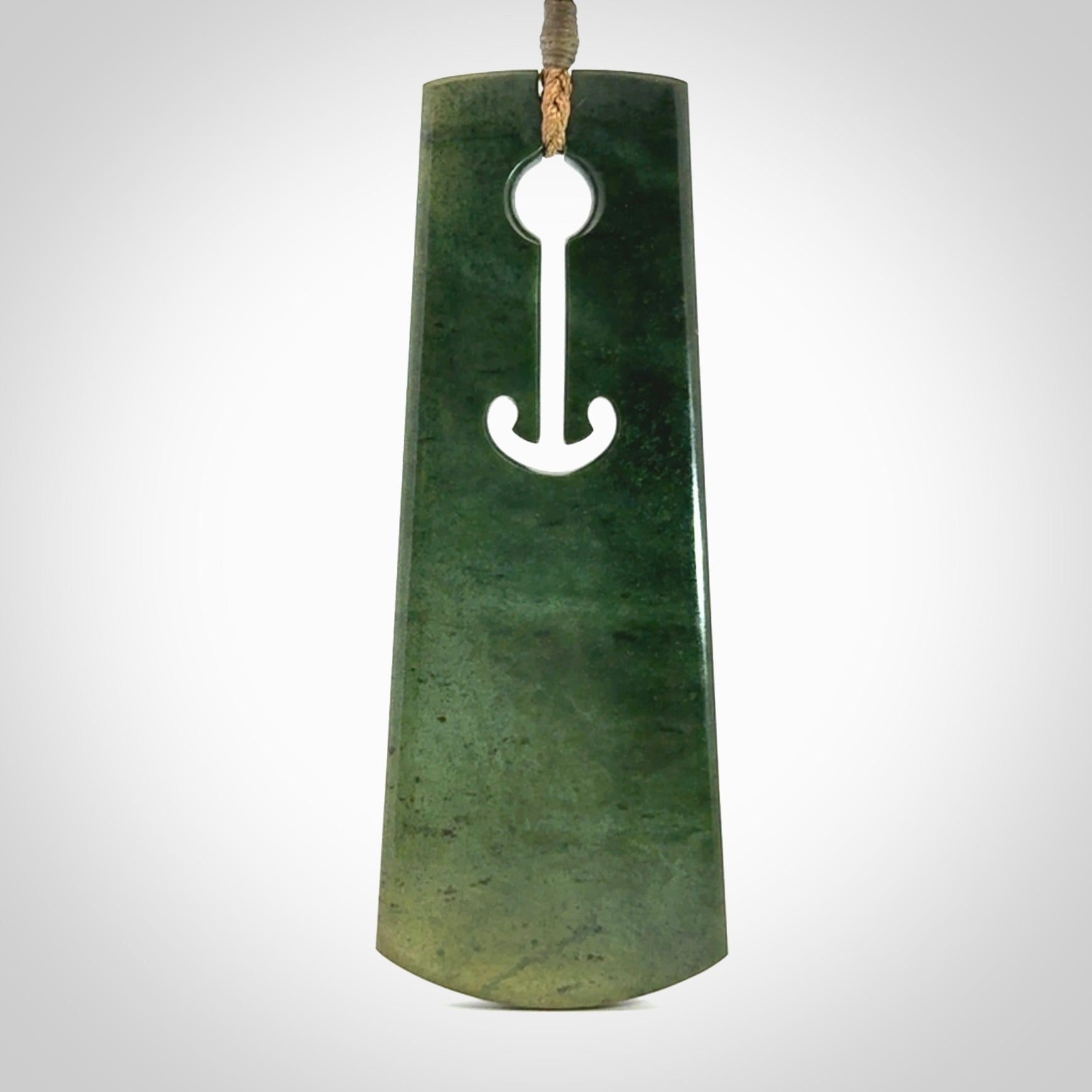 Hand made large New Zealand jade toki with hammerhead design pendant. Hand carved in New Zealand by Kerry Thompson. Unique large Jade Toki with adjustable cord.