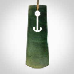 Hand made large New Zealand jade toki with hammerhead design pendant. Hand carved in New Zealand by Kerry Thompson. Unique large Jade Toki with adjustable cord.