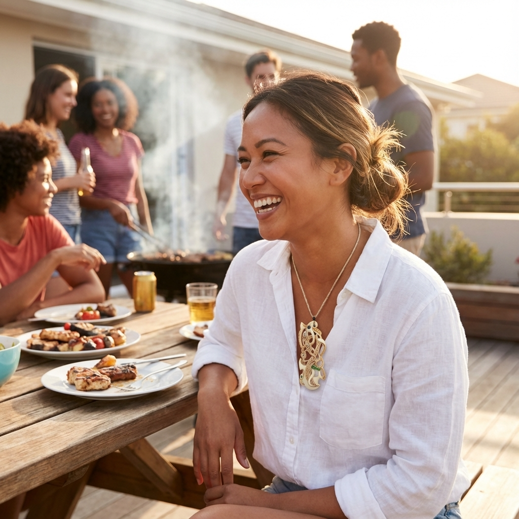 Hand carved bone manaia pendant being worn by a woman at a bbq