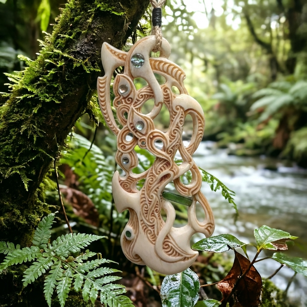 Hand carved bone manaia pendant in a forest setting