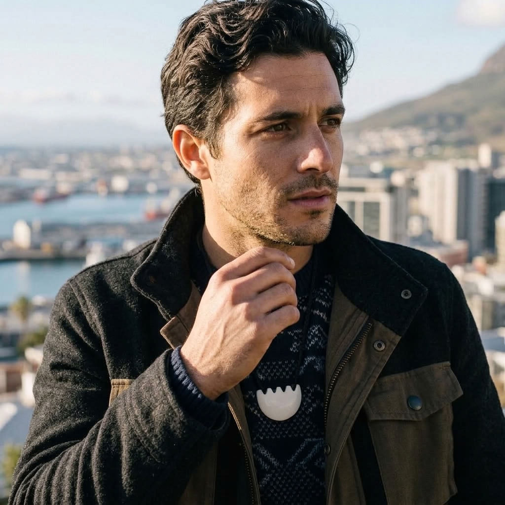 Man wearing bone pendant