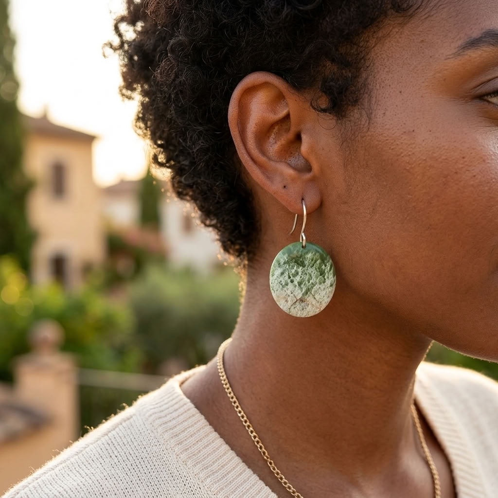 A woman wearing jade earrings