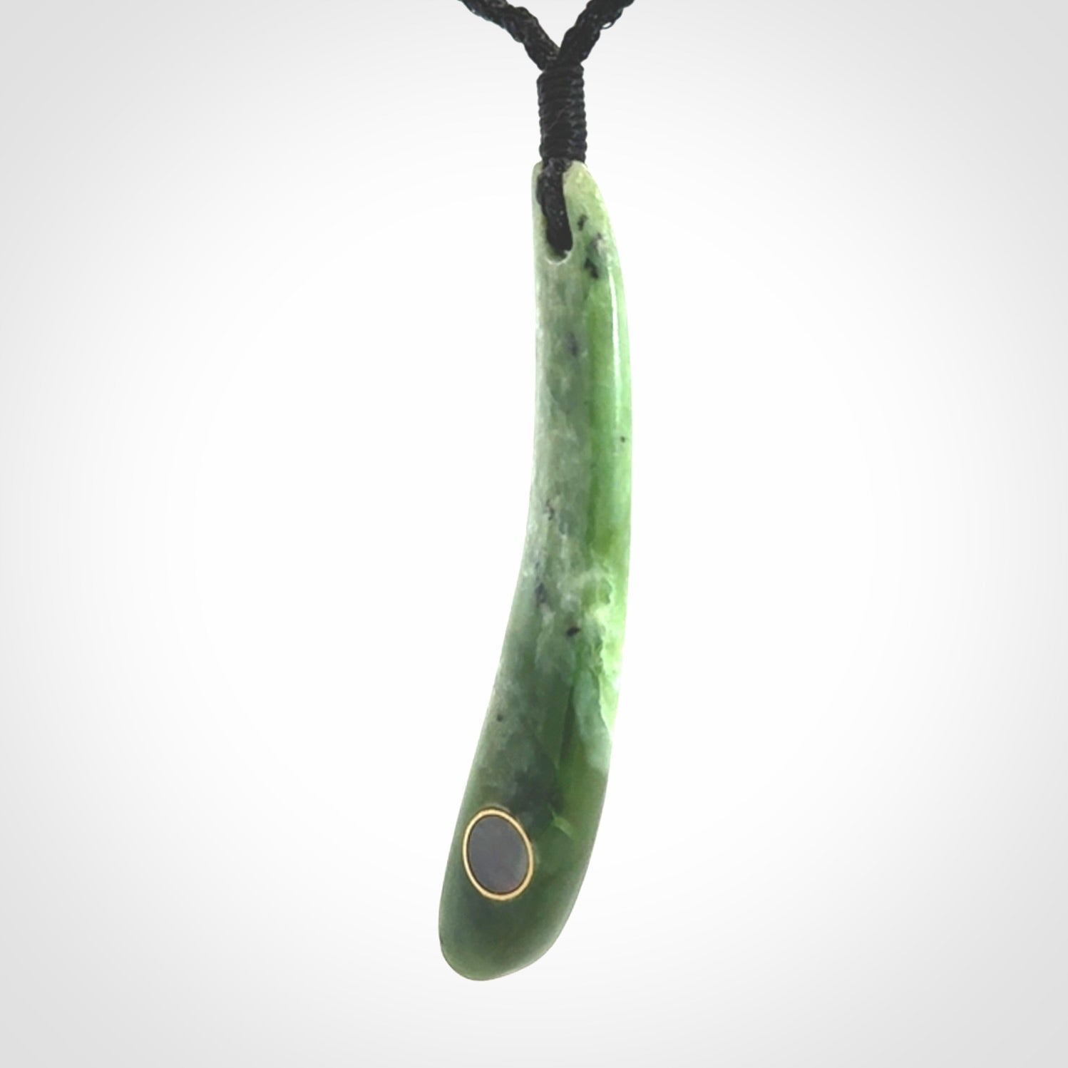 This is a wonderful New Zealand Jade drop pendant with black mother of pearl and brass inlay.