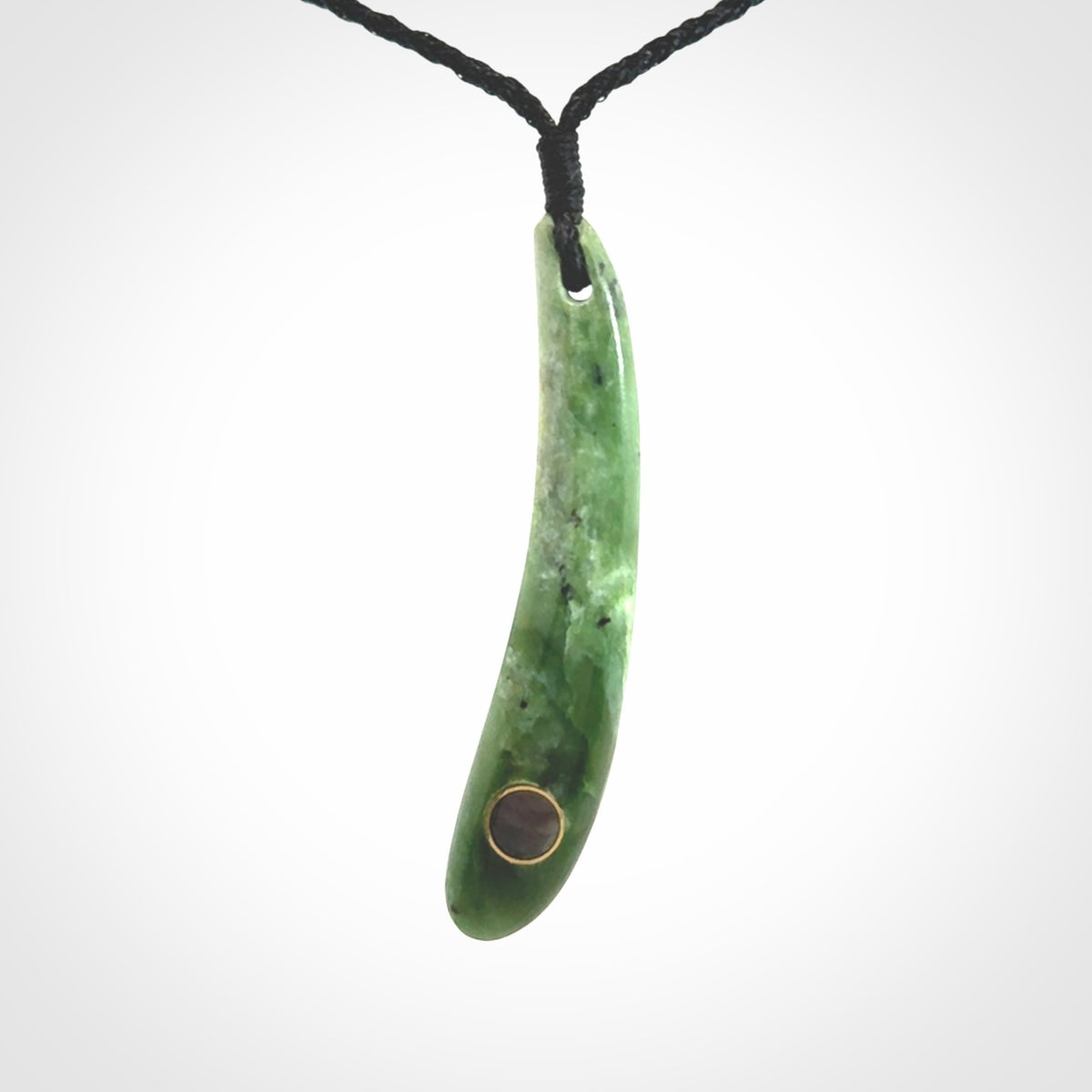 This is a wonderful New Zealand Jade drop pendant with black mother of pearl and brass inlay.