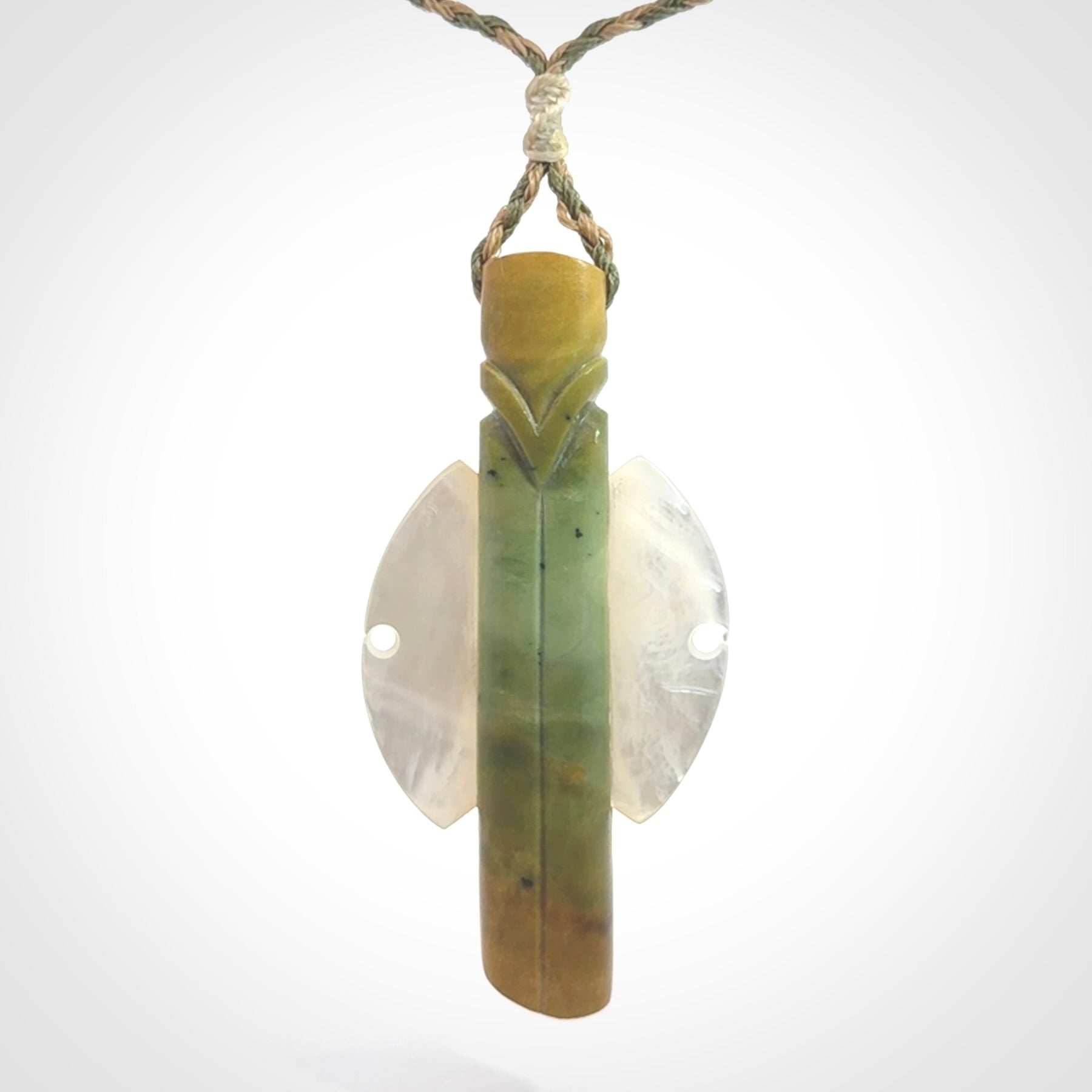 This is a wonderful New Zealand Jade and Mother of Pearl drop pendant.