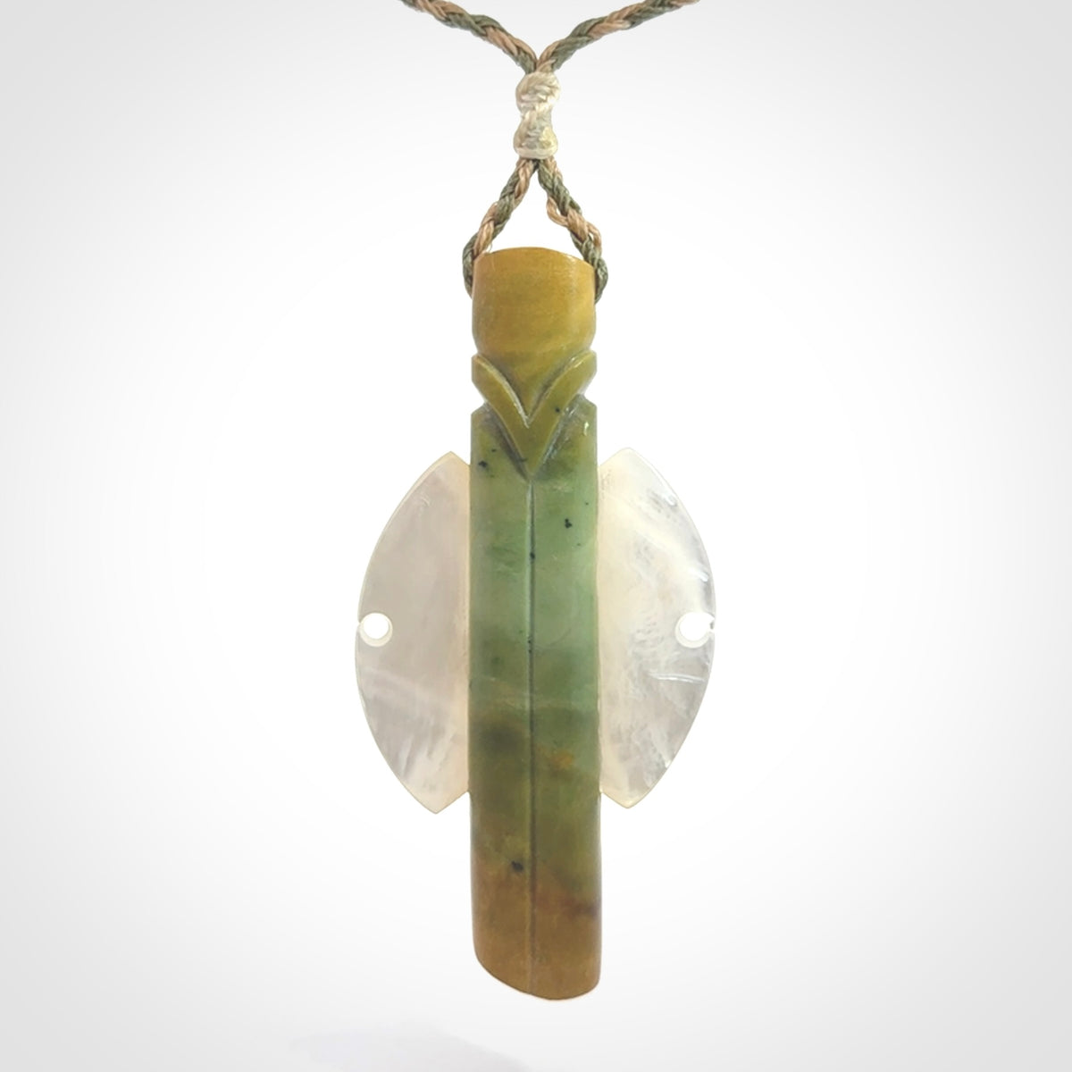 This is a wonderful New Zealand Jade and Mother of Pearl drop pendant.