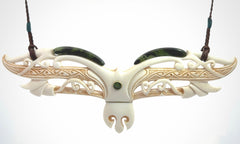 This is a wonderful New Zealand Jade and Bone necklace that can also be displayed as a sculpture with wooden stand.
