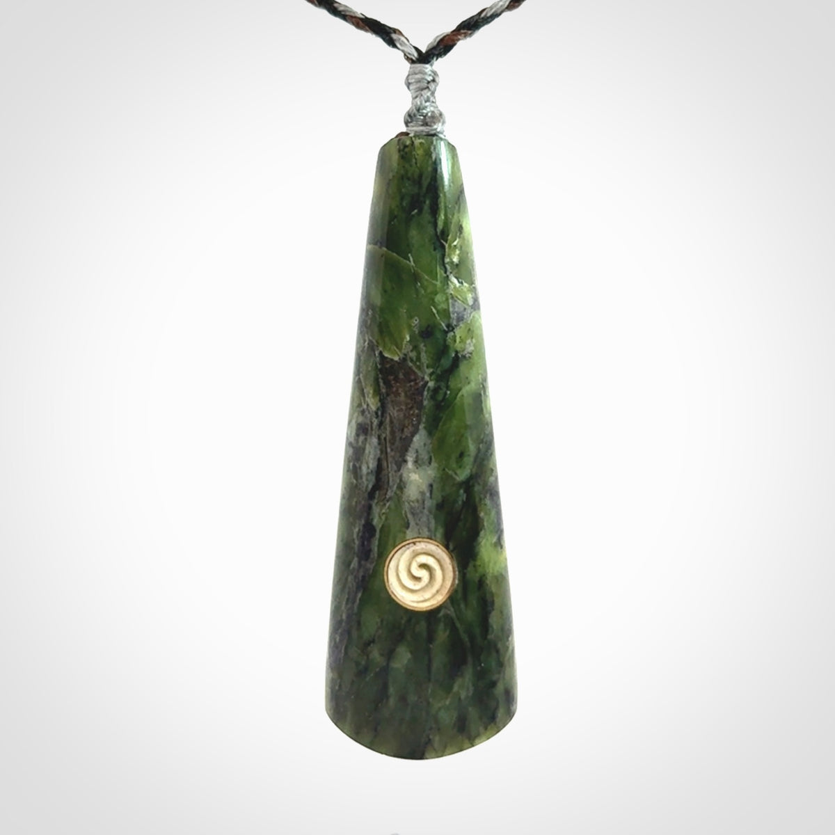 Hand carved New Zealand Jade drop pendant with whale bone koru inlay