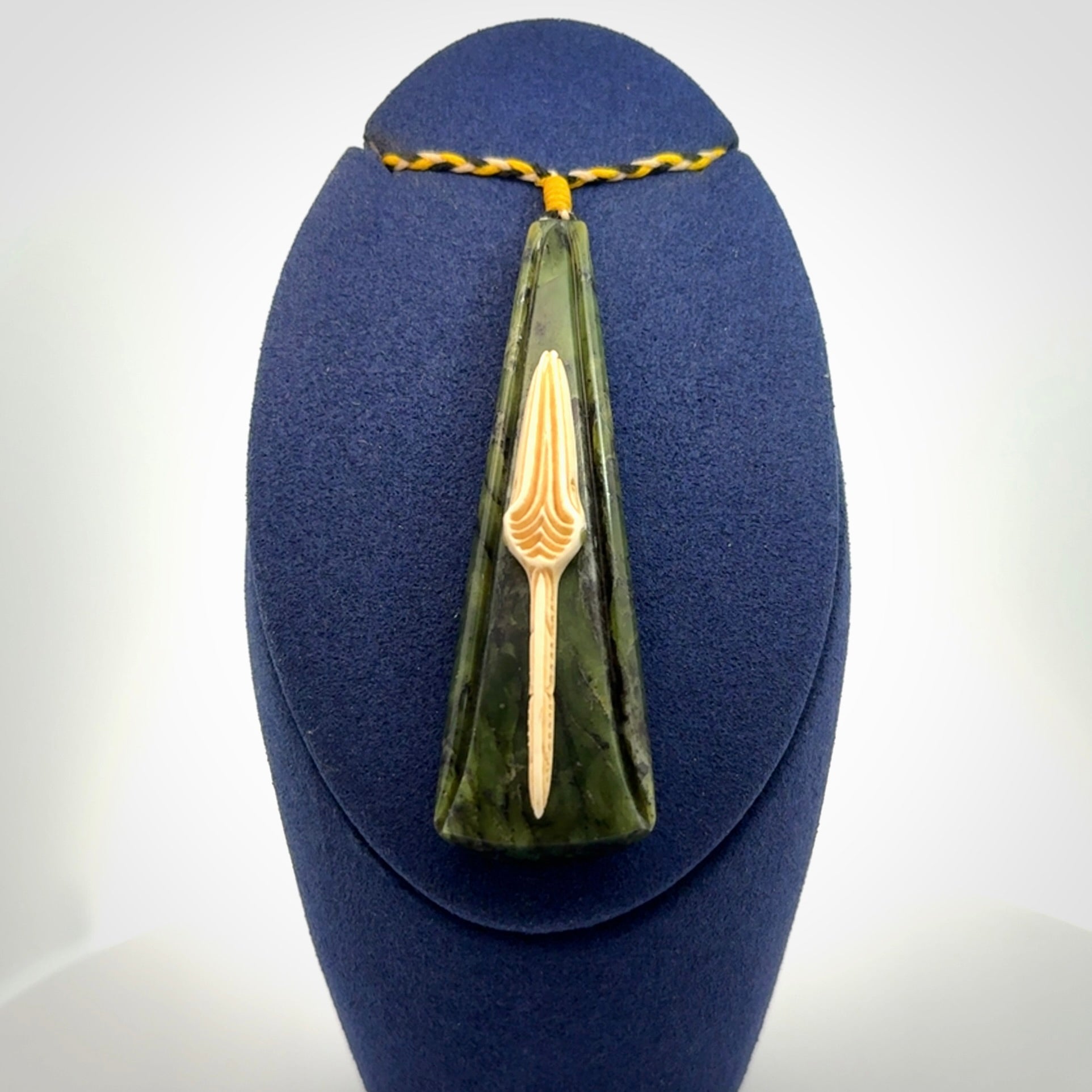 A Beautiful White Heron pendant, hand carved in Jade and Bone
