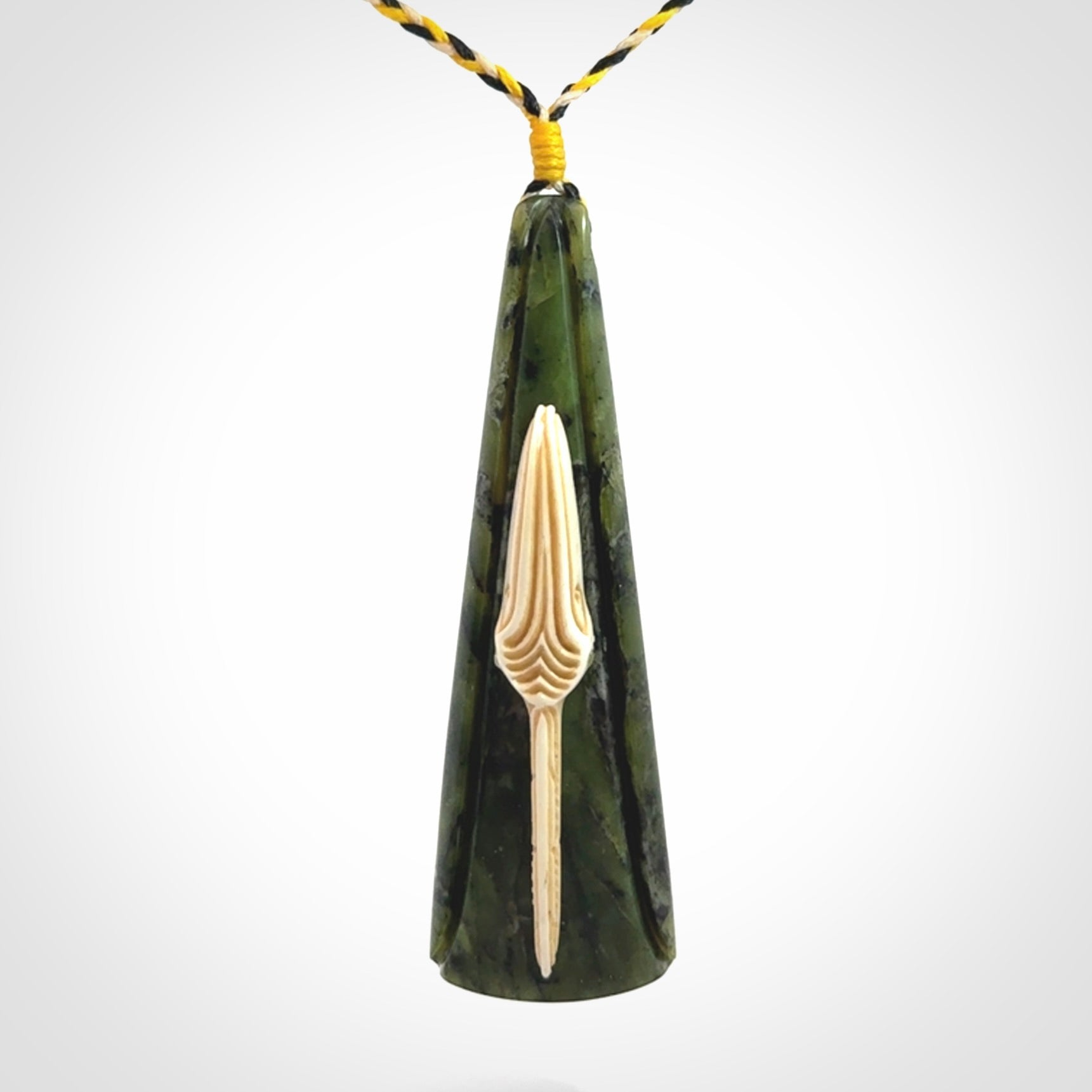 A Beautiful White Heron pendant, hand carved in Jade and Bone