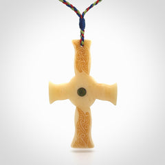Hand carved bone Celtic cross pendant with jade inlay