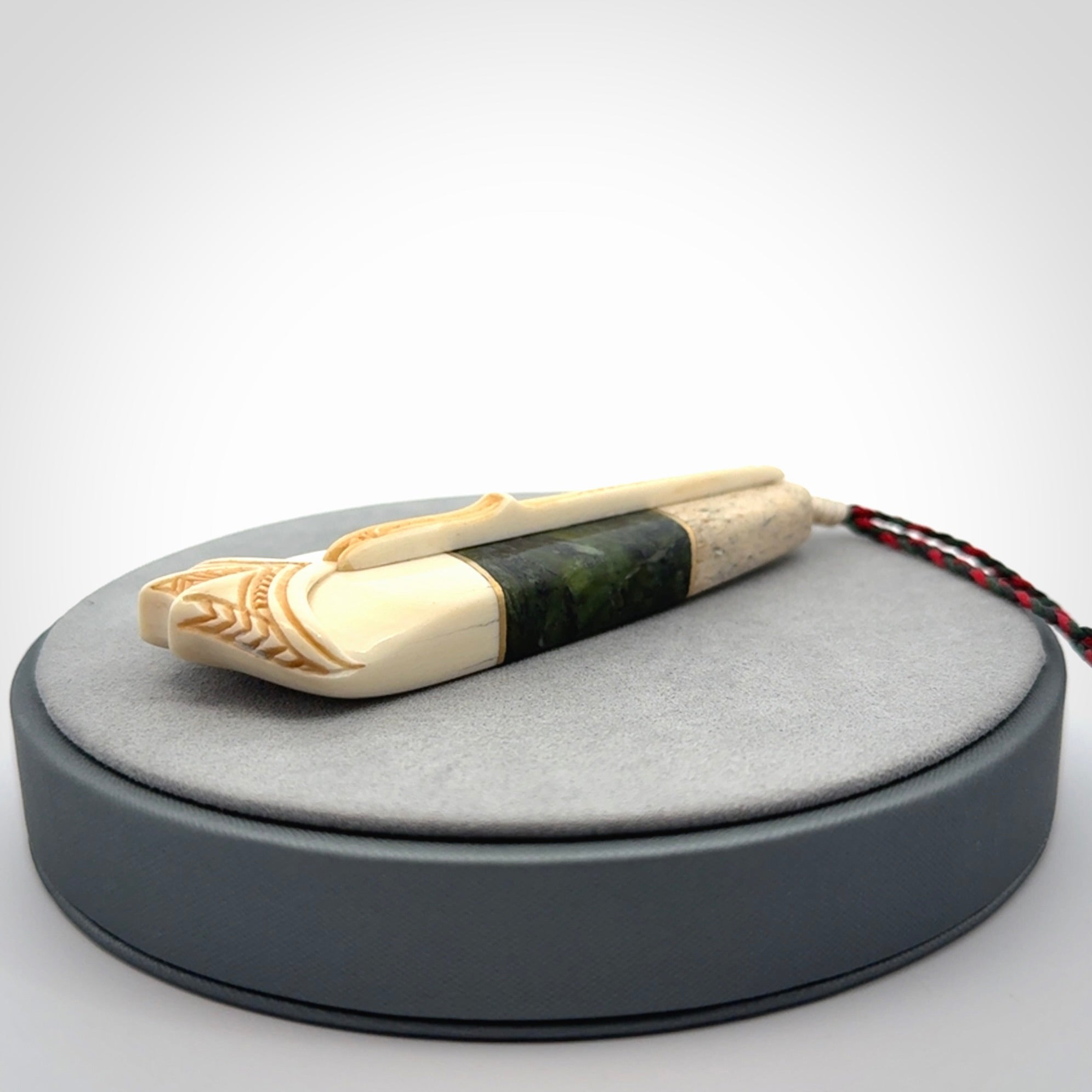 Hand carved bone, whale bone, New Zealand Jade, Brass and Opal pendant