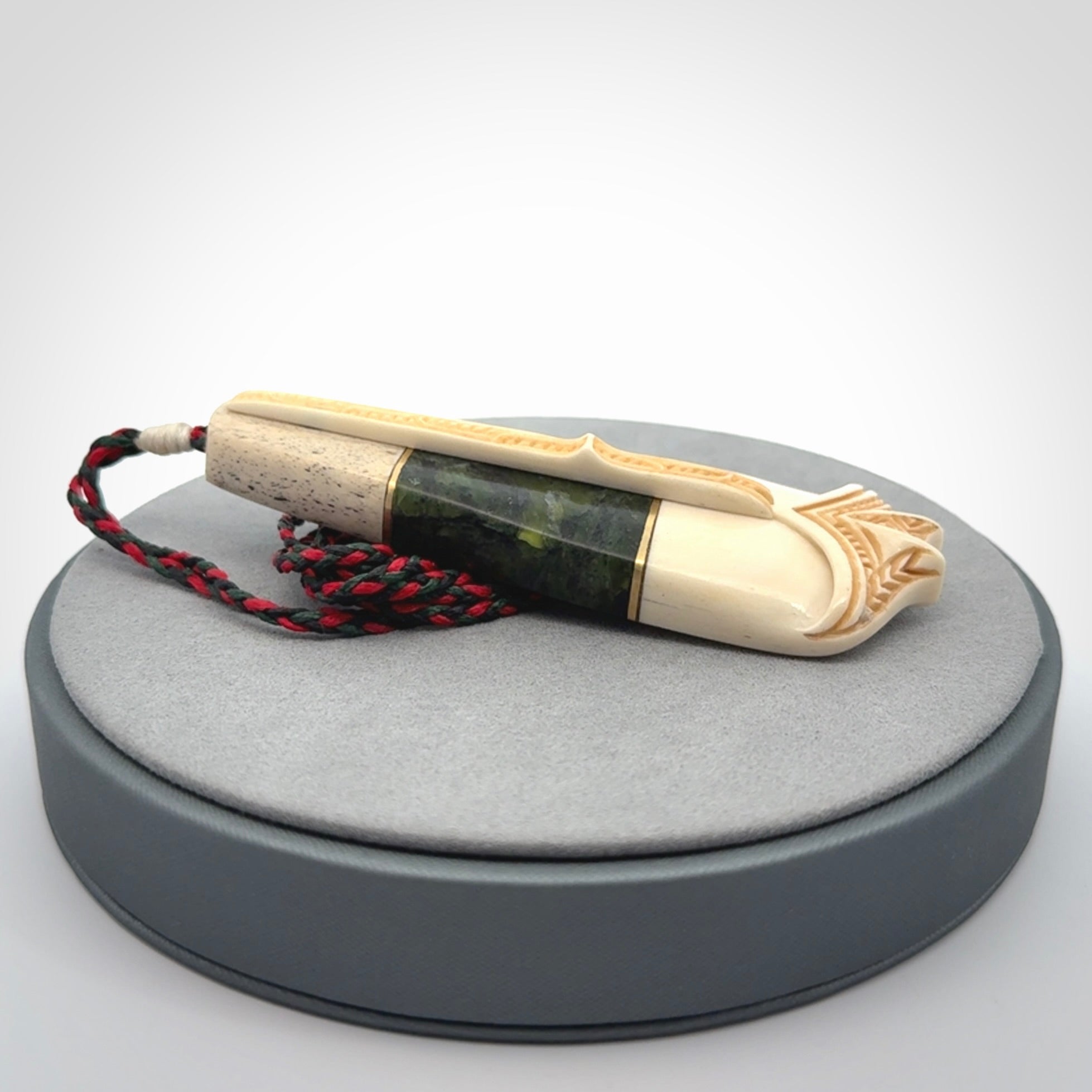 Hand carved bone, whale bone, New Zealand Jade, Brass and Opal pendant