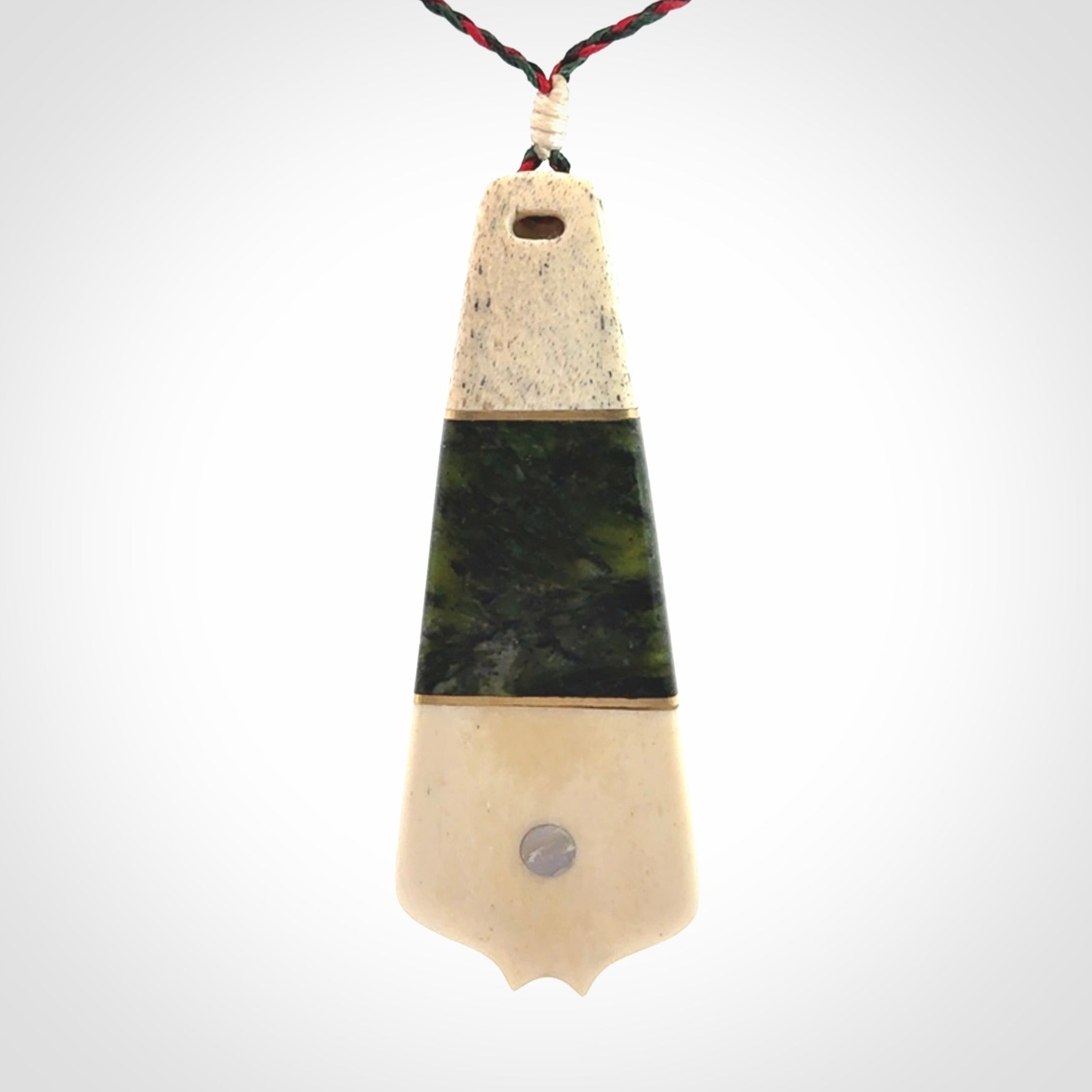 Hand carved bone, whale bone, New Zealand Jade, Brass and Opal pendant