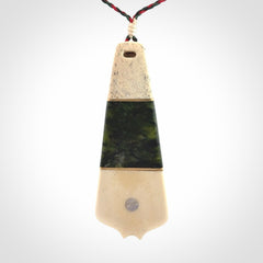 Hand carved bone, whale bone, New Zealand Jade, Brass and Opal pendant