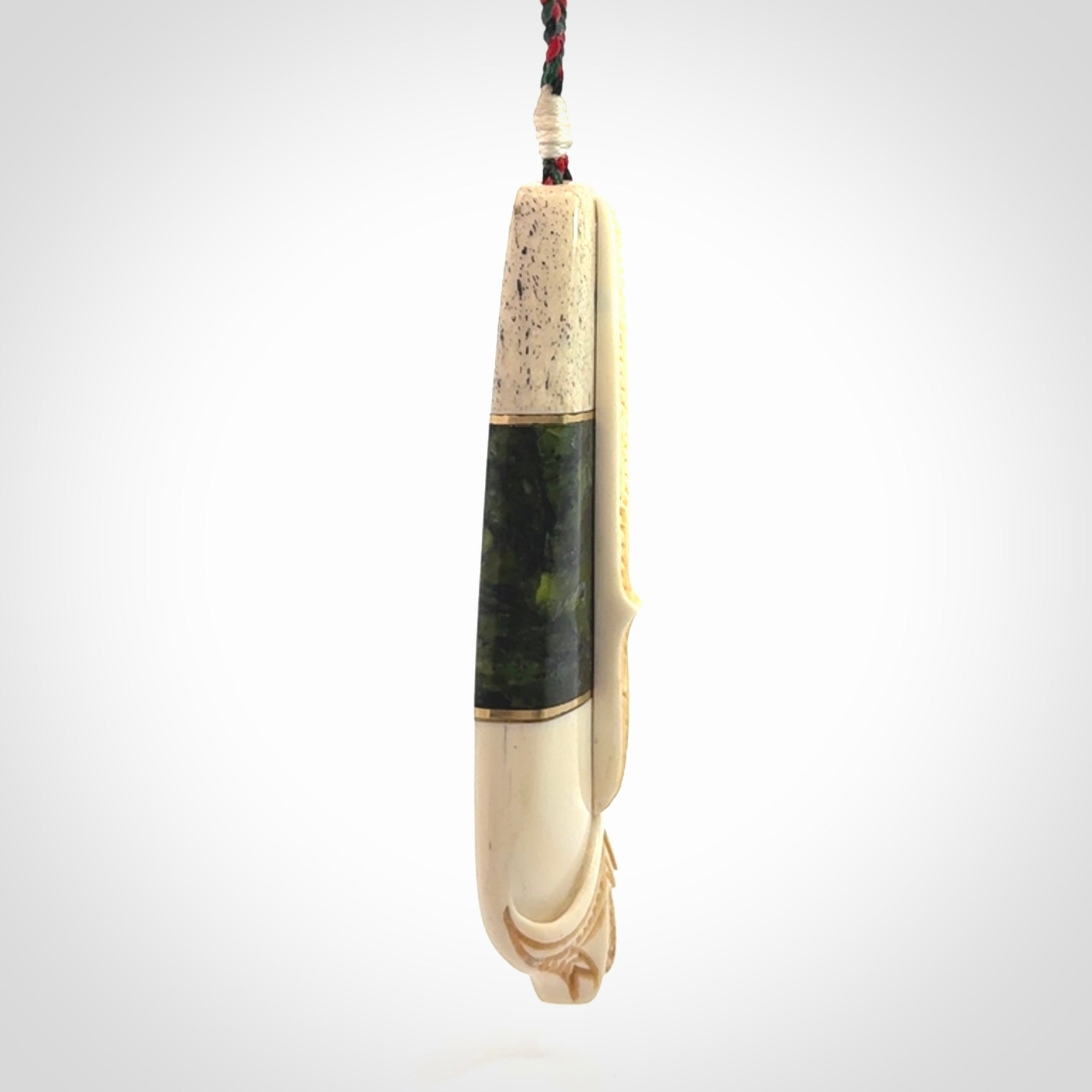 Hand carved bone, whale bone, New Zealand Jade, Brass and Opal pendant