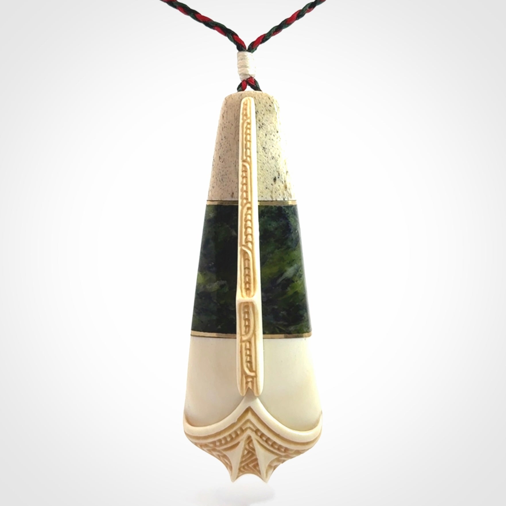 Hand carved bone, whale bone, New Zealand Jade, Brass and Opal pendant