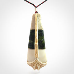 Hand carved bone, whale bone, New Zealand Jade, Brass and Opal pendant