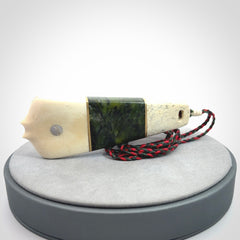 Hand carved bone, whale bone, New Zealand Jade, Brass and Opal pendant