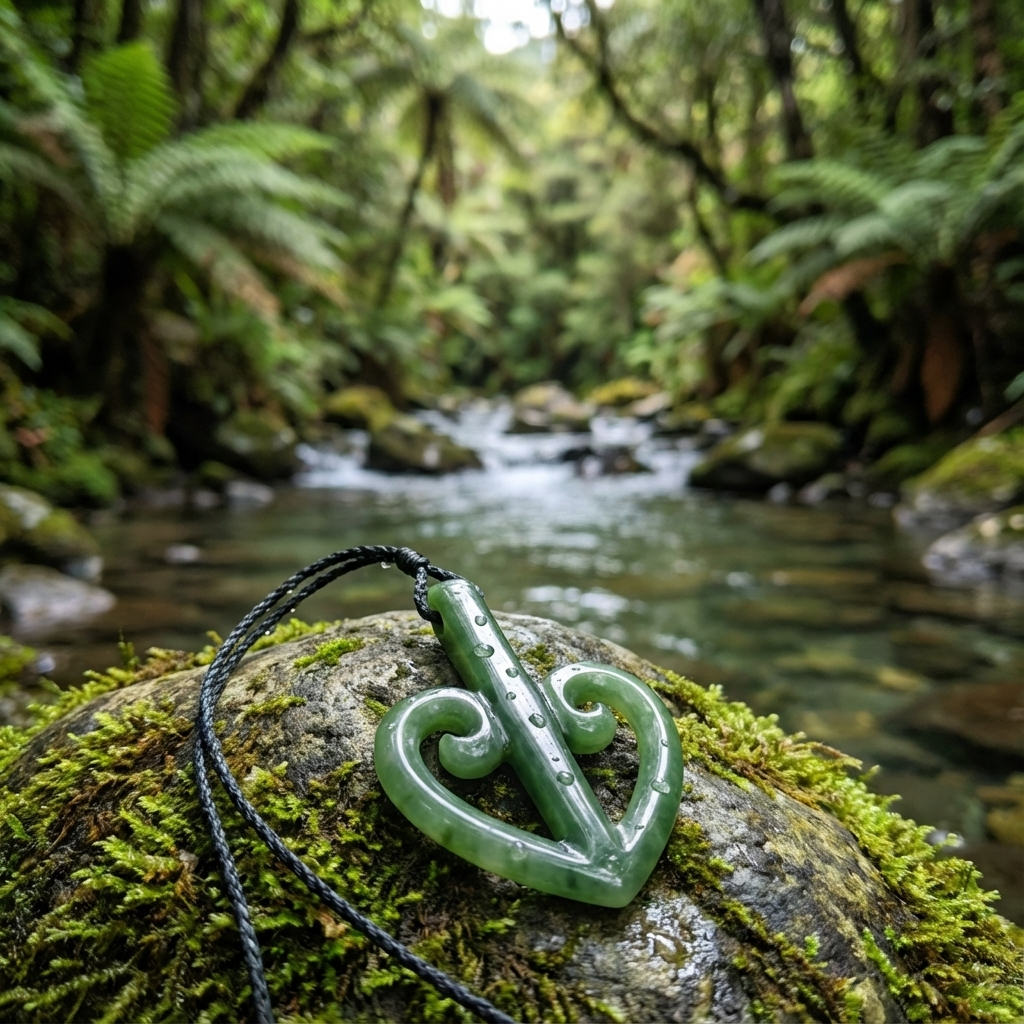 Green jade pendant on a rope lying on a mossy rock with a forest stream in the background