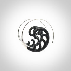 Hand carved hoop earrings, made from Black Jade with sterling silver. An NZ Pacific design. Large Black Jade and Silver hoop earrings.