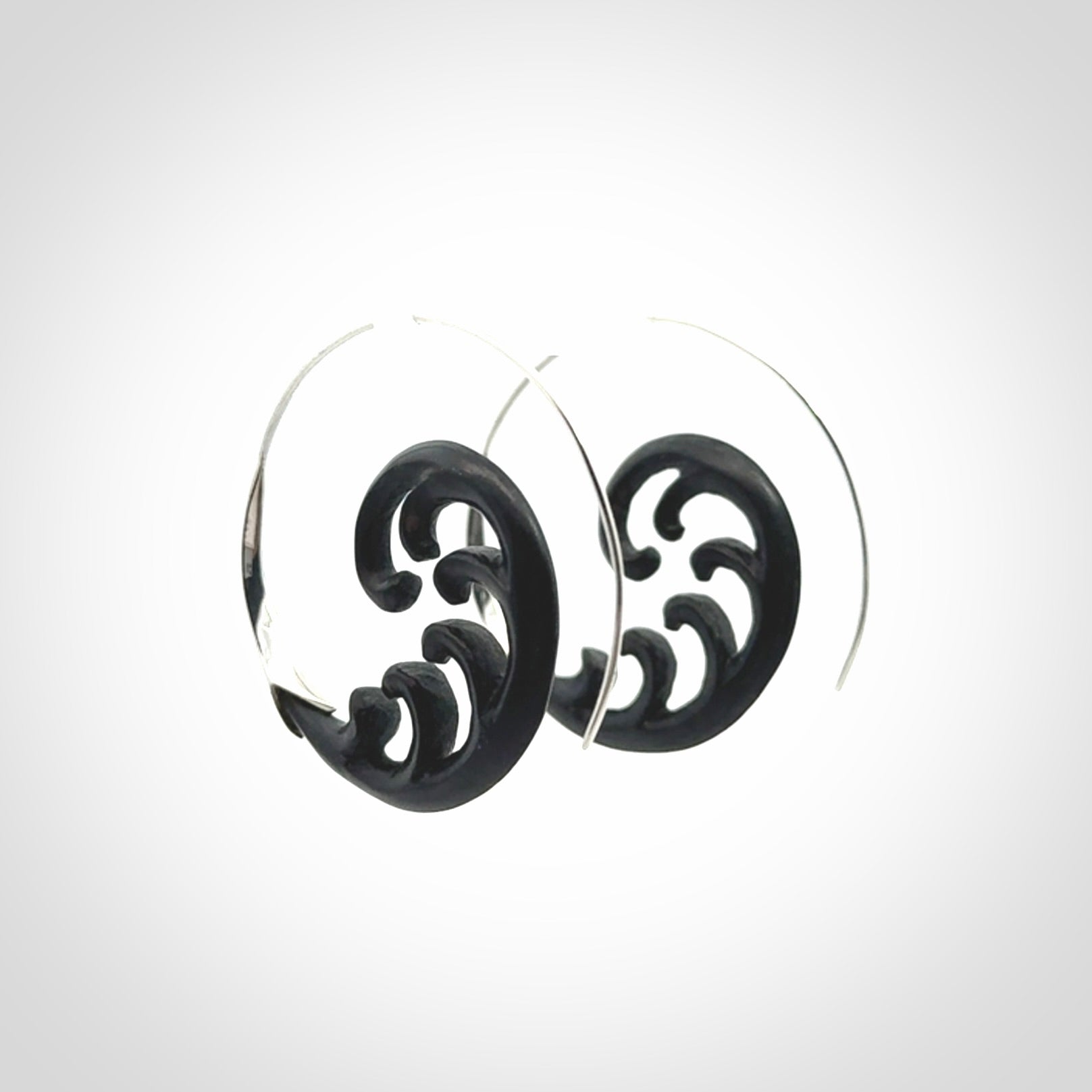 Hand carved hoop earrings, made from Black Jade with sterling silver. An NZ Pacific design. Large Black Jade and Silver hoop earrings.