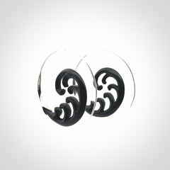 Hand carved hoop earrings, made from Black Jade with sterling silver. An NZ Pacific design. Large Black Jade and Silver hoop earrings.