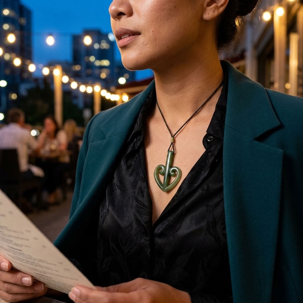 Woman wearing NZ Pacific All Aboard Jade pendant