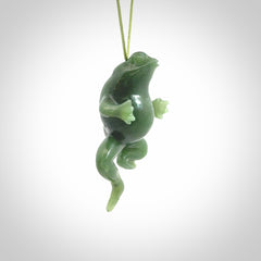 Hand carved jade frog pendant. Hand made amphibian necklace, carved from Jade