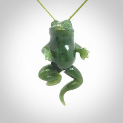 Hand carved jade frog pendant. Hand made amphibian necklace, carved from Jade