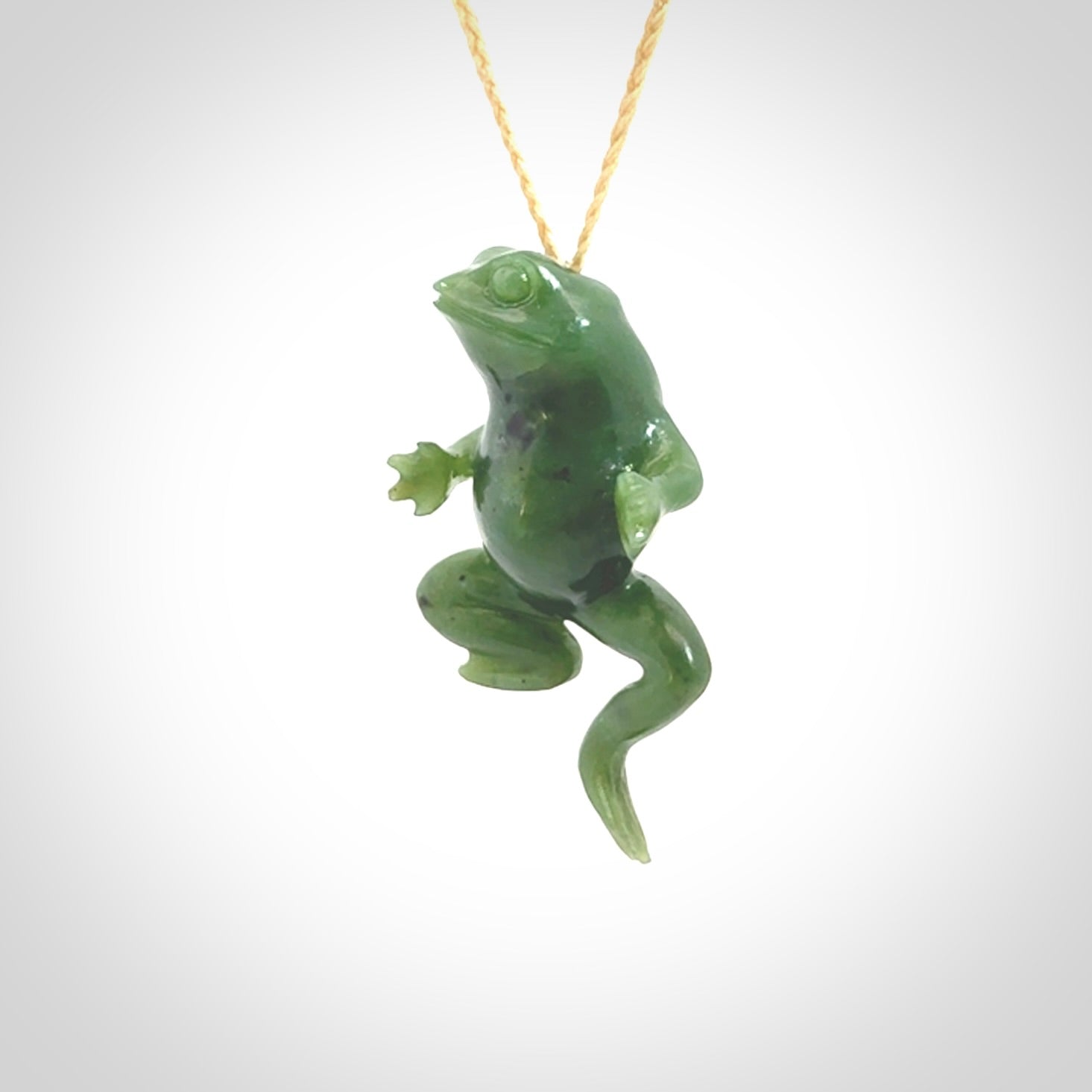 Hand carved jade frog pendant. Hand made amphibian necklace, carved from British Columbian Jade.