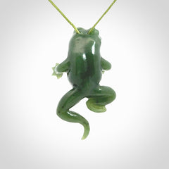 Hand carved jade frog pendant. Hand made amphibian necklace, carved from Jade