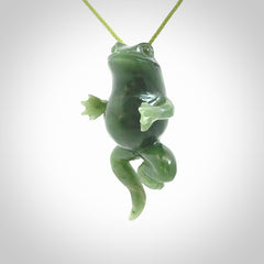 Hand carved jade frog pendant. Hand made amphibian necklace, carved from Jade