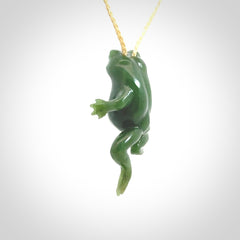 Hand carved jade frog pendant. Hand made amphibian necklace, carved from British Columbian Jade.