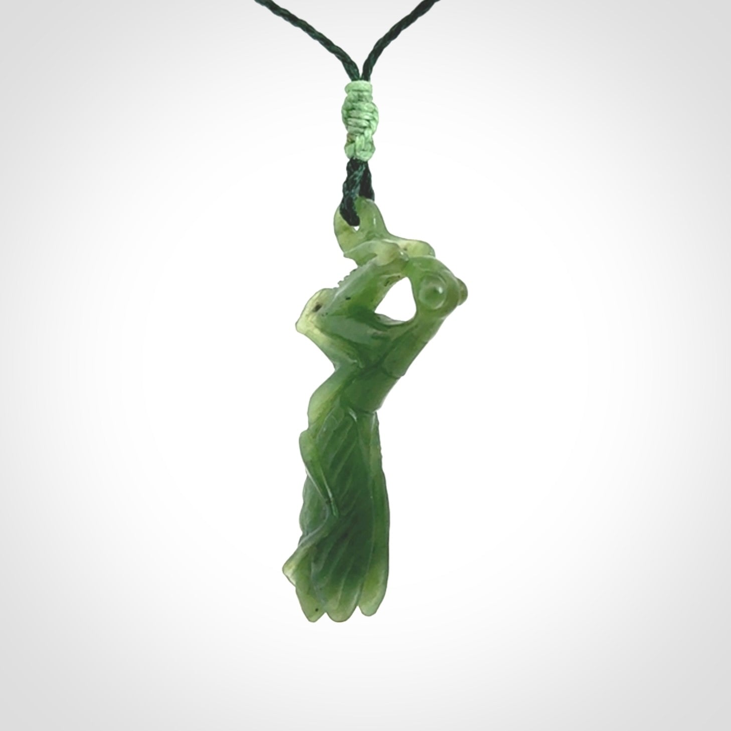 Hand carved Mantis pendant, hand made for us from British Columbian Jade.
