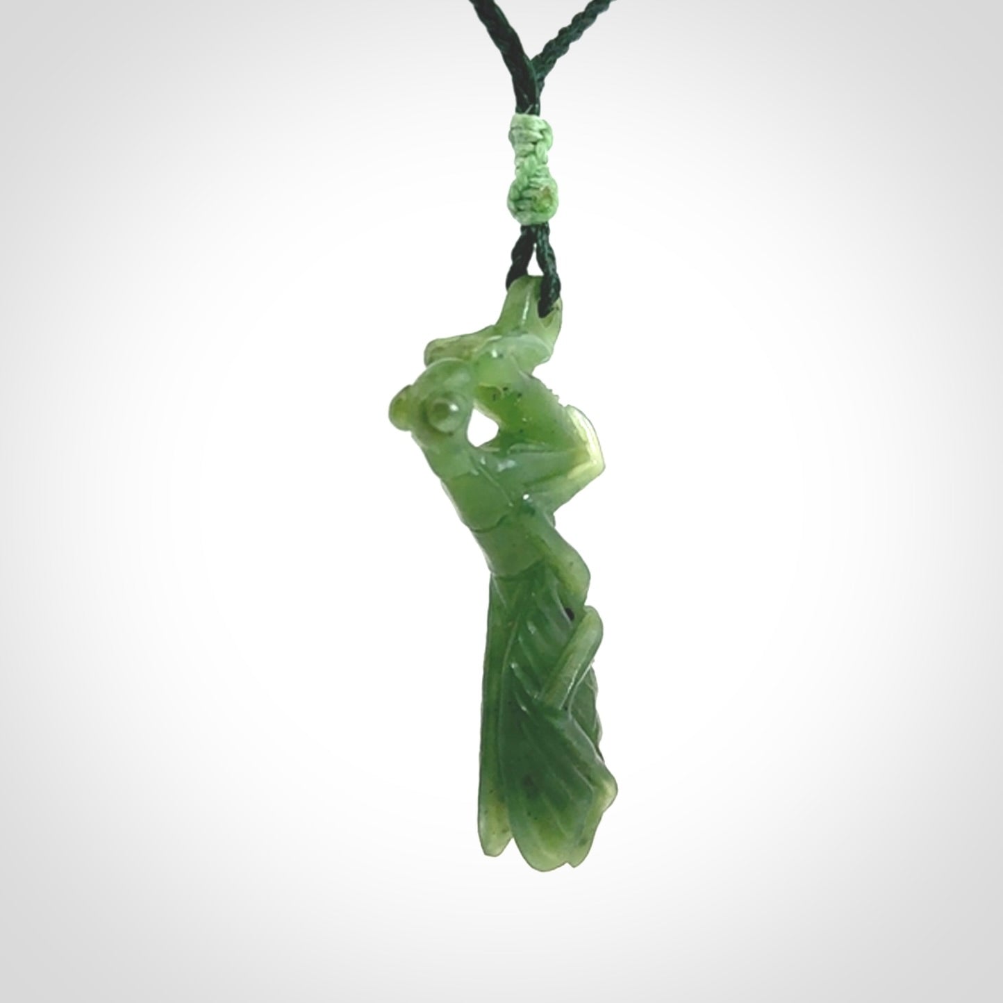 Hand carved Mantis pendant, hand made for us from British Columbian Jade.