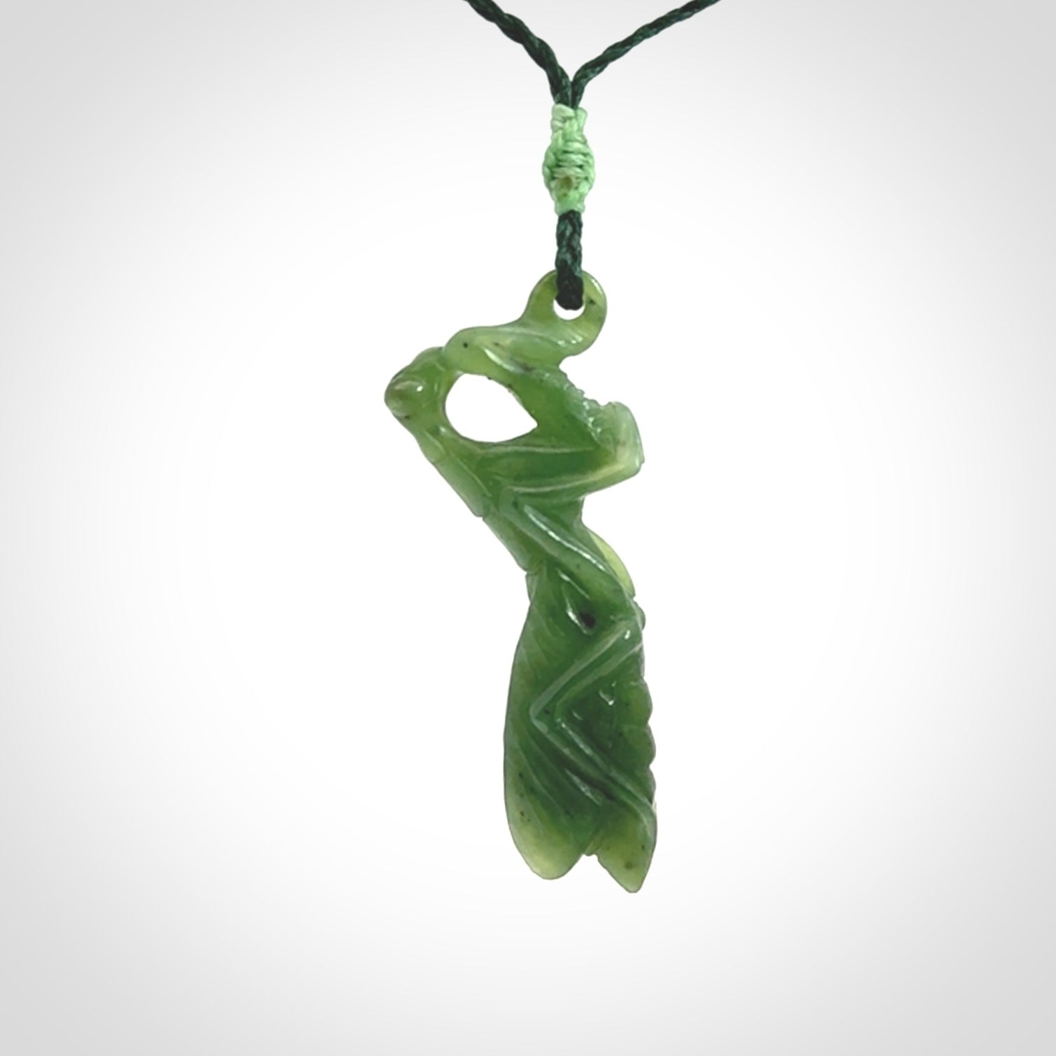 Hand carved Mantis pendant, hand made for us from British Columbian Jade.