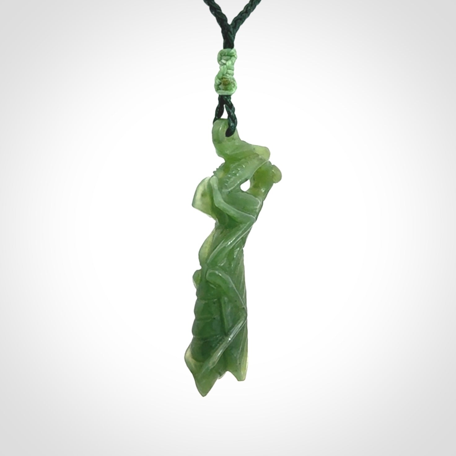 Hand carved Mantis pendant, hand made for us from British Columbian Jade.