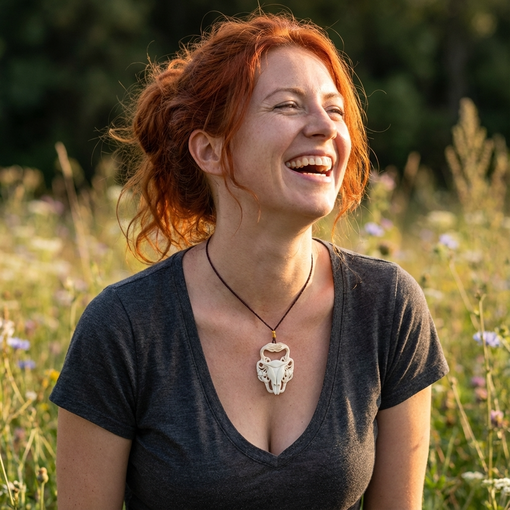 Woman wearing a bison pendant
